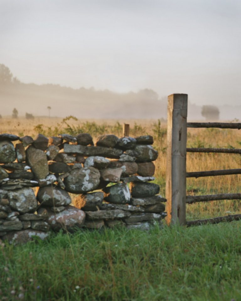 Limstone fence with a gate during sunrise on a misty landscape.TN